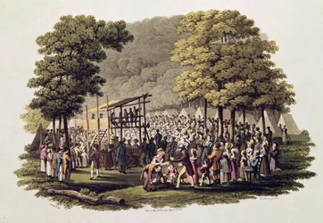 Reunión campestre de los metodistas en América del Norte, grabado por Matthew Dubourg (fl.1813-20) 1819